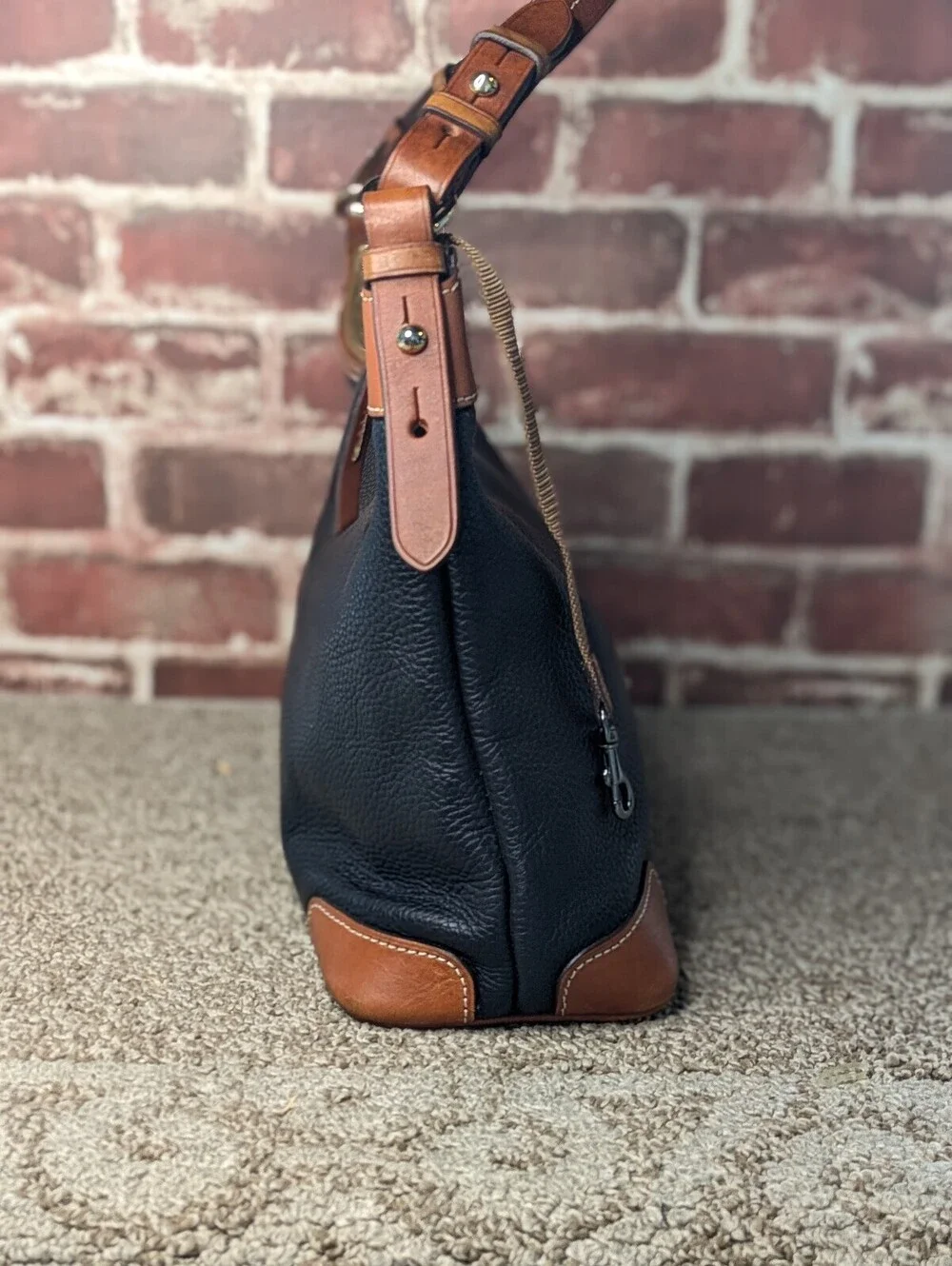 Dooney Bourke Pebble Grain Hobo Shoulder Bag Black Leather Tan Trim
